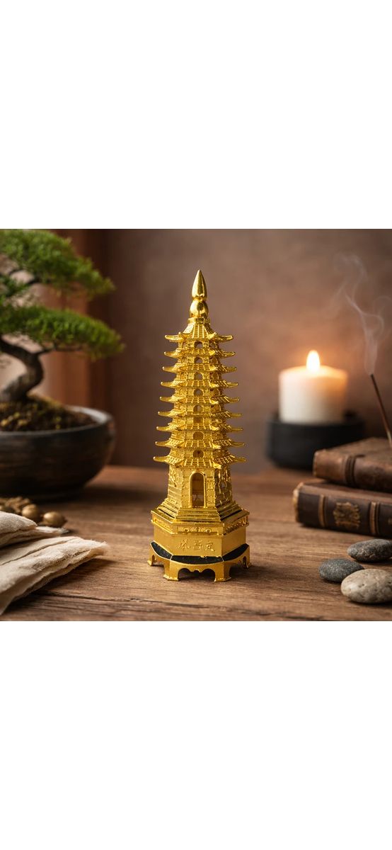 Pagoda celor 9 elemente, turnul educatiei si noroc scolar, obiect feng shui 14 cm, metal auriu