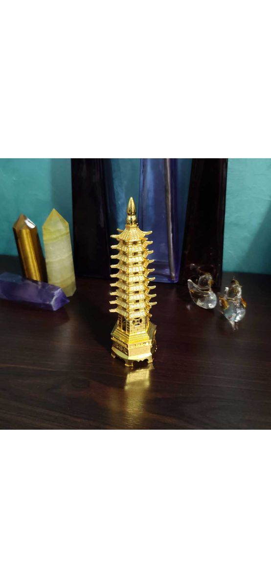 Pagoda celor 9 elemente, turnul educatiei si noroc scolar, obiect feng shui 14 cm, metal auriu