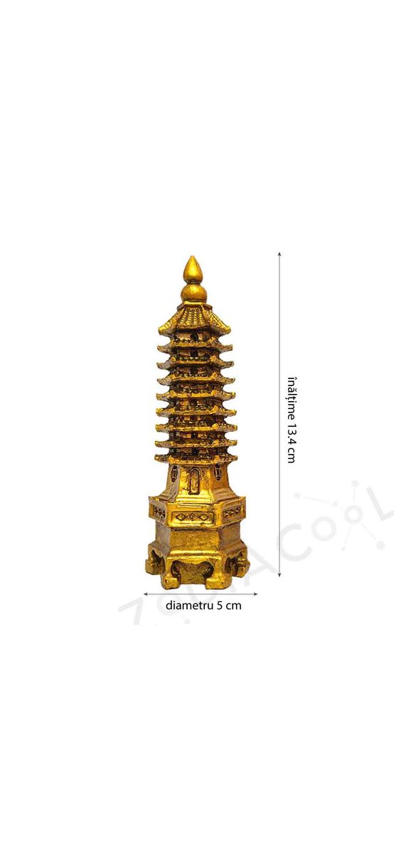 Pagoda celor 9 elemente, turnul educatiei si noroc scolar, obiect feng shui 14 cm, metal auriu