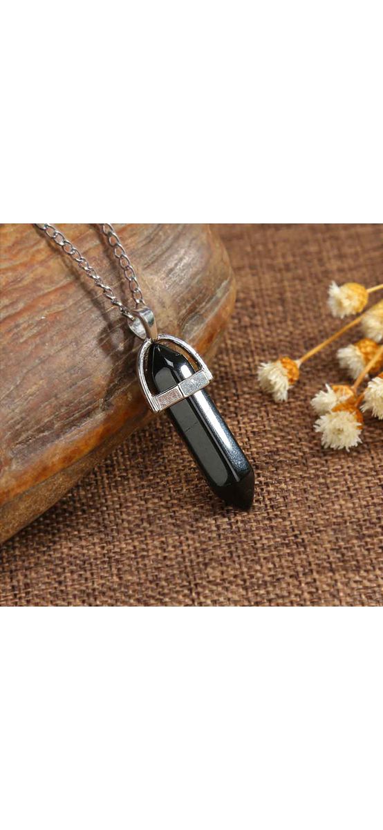 Pandantiv Onix, piatra încrederii, cristal natural hexagonal 34 mm dublu vârf negru