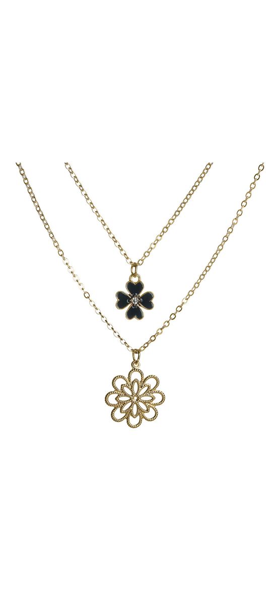 Colier choker dublu, talisman trifoi norocos cu patru foi si pandantiv floare cu opt petale, auriu