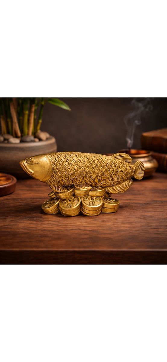 Peste Arowana pe monede, obiect feng shui pentru abundenta si bogatie, auriu