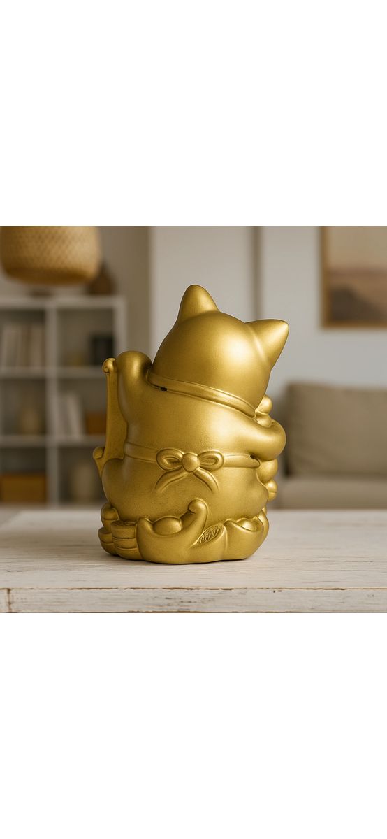 Pisica Maneki Neko pe pepite, remediu feng shui pentru protecție și prosperitate, rășină aurie 8 cm