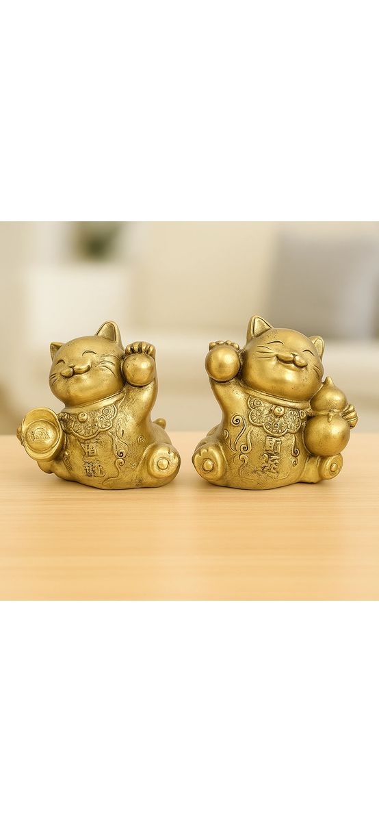 2 Pisici Maneki Feng Shui, obiect decor casa sau birou, set pentru bani și prosperitate, rășină aurie 6 cm