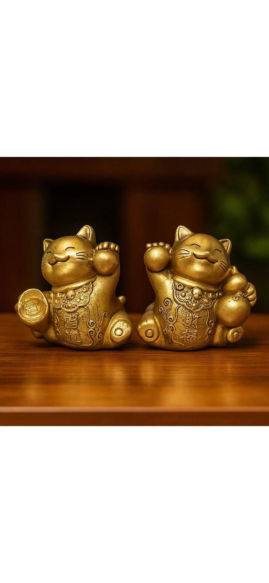 2 Pisici Maneki Feng Shui, obiect decor casa sau birou, set pentru bani și prosperitate, rășină aurie 6 cm
