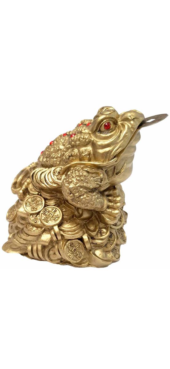 Broasca feng shui Chan Chu, broaste mari cu drumul vietii din pietre rosii si moneda cu ideograme, amuleta pentru bunastare, statueta auriu 140 mm
