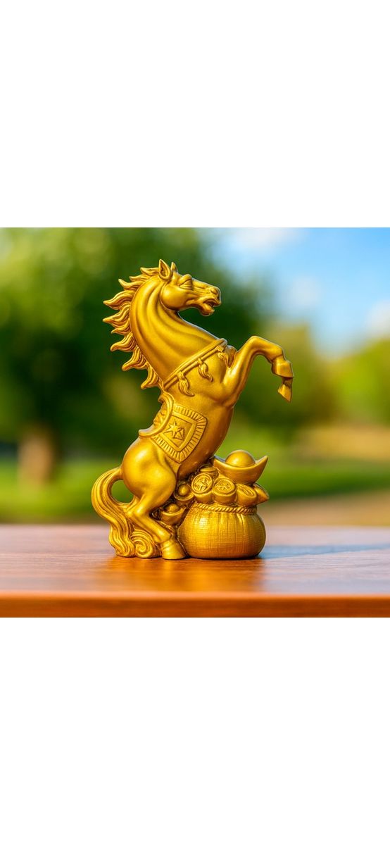 Cal in doua picioare cu sac de bani, statueta feng shui 2026 pentru reusite si bogăție, auriu