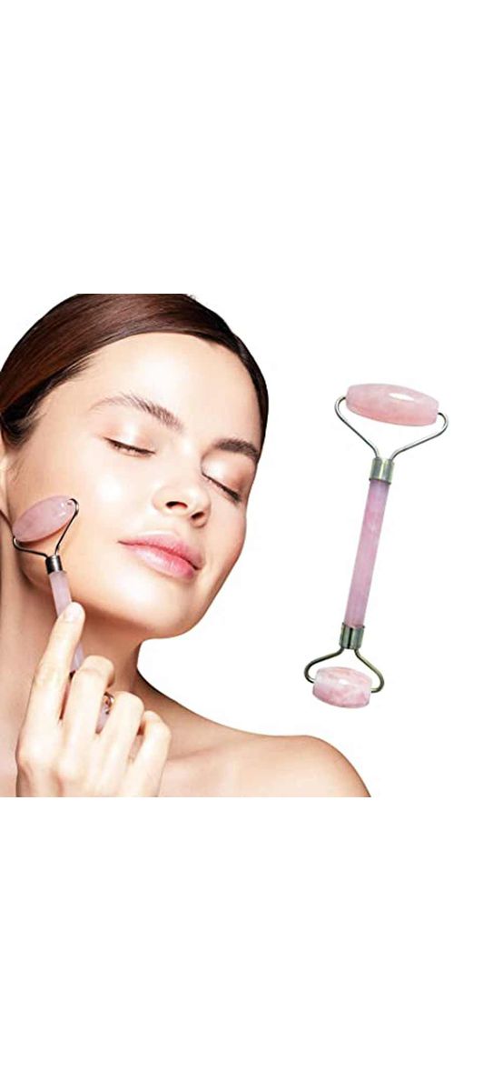 Rola masaj facial cuart roz, dispozitiv cu 2 role piatra semipretioasa pentru elasticitate piele si stimulare, 15 cm