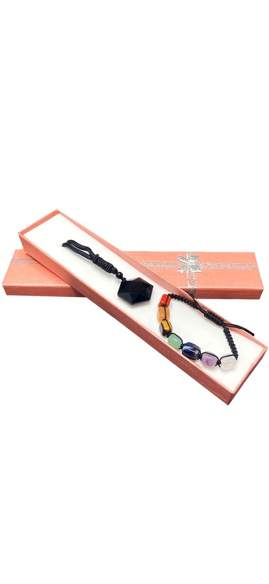 Set cadou colier piatră stea 6 colțuri obsidian și brățară 7 chakre pătrat