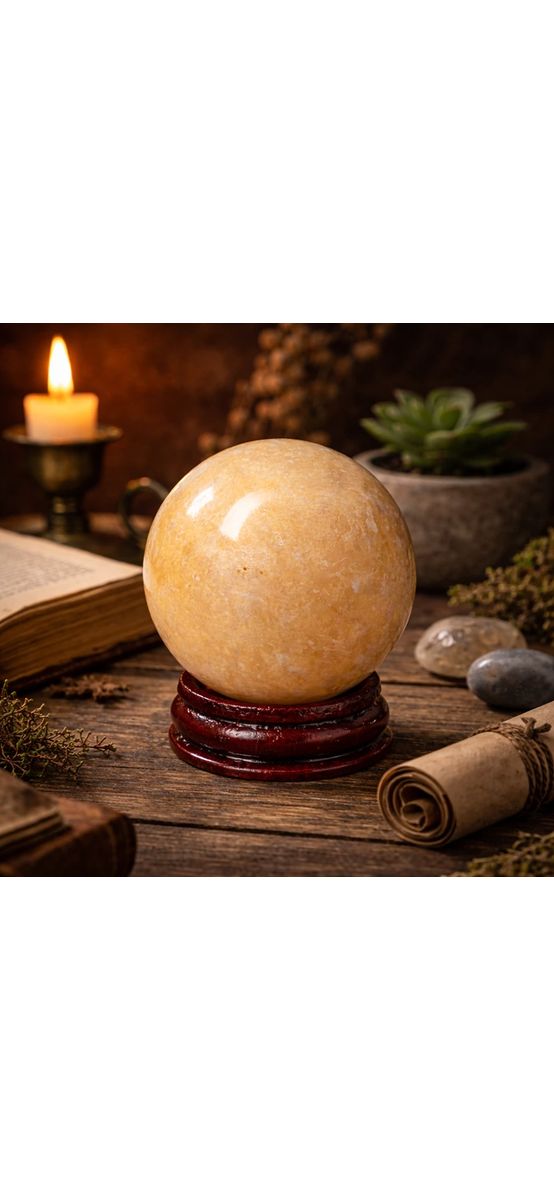 Set sfera piatra naturala calcit cu suport lemn, pentru absorbirea energiei negative, galben crem 6 cm