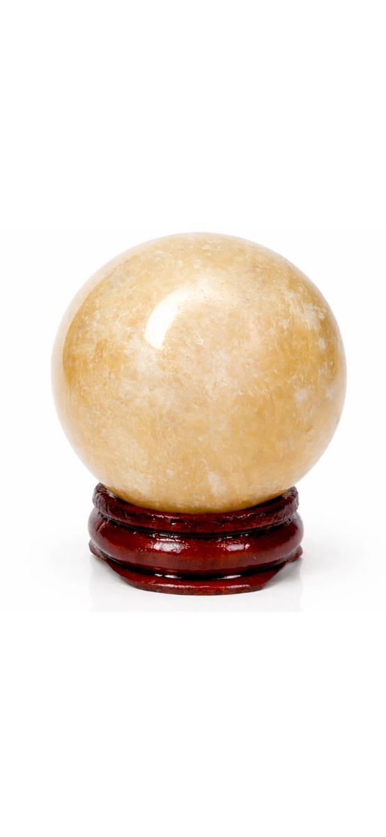 Set sfera piatra naturala calcit cu suport lemn, pentru absorbirea energiei negative, galben crem 6 cm