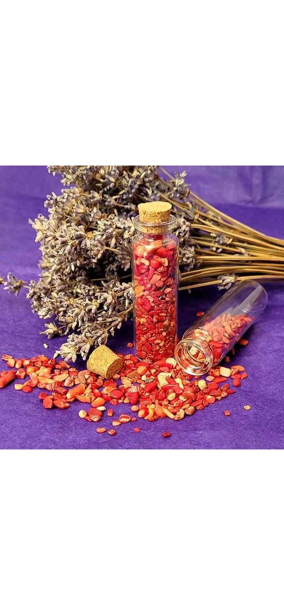 Pietre semipretioase Coral, sticla cilindrica decor, pentru purificare si protectie, rosu 40g