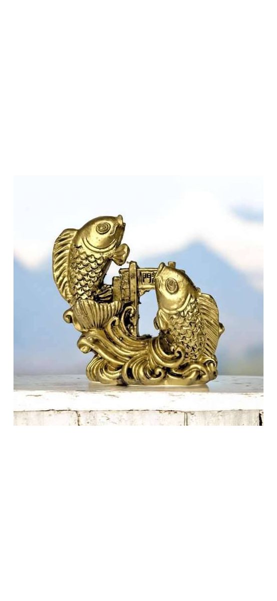Statueta Doi Pesti Poarta Dragon, pentru noroc la bani, 7 cm auriu