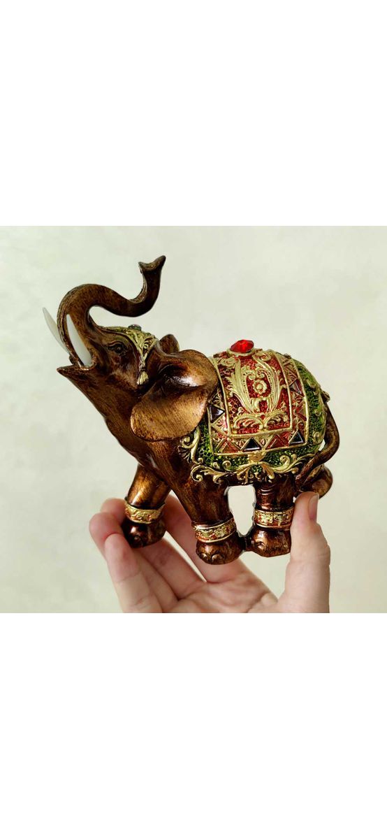 Elefant cu trompa in sus, statueta pentru bogăție, 2 modele auriu și maro 13 cm