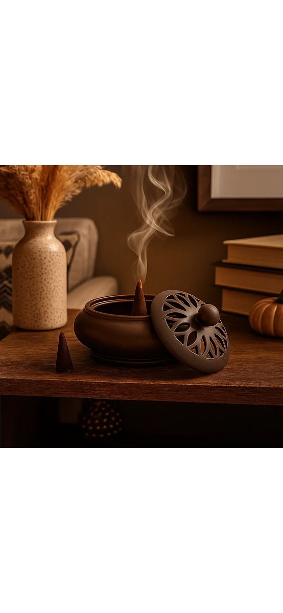 Suport aromaterapie Floral pentru conuri parfumate, vas ceramica maro sau bronz