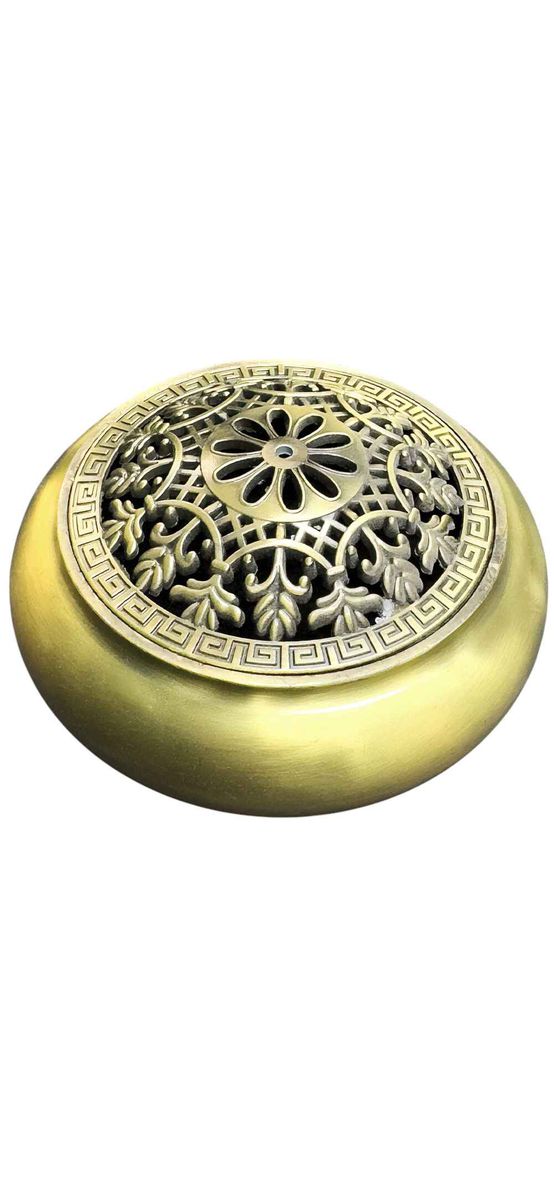 Suport conuri parfumate model floare de crin, set vas arzator pentru tamaie si spirale, metal bronz premium