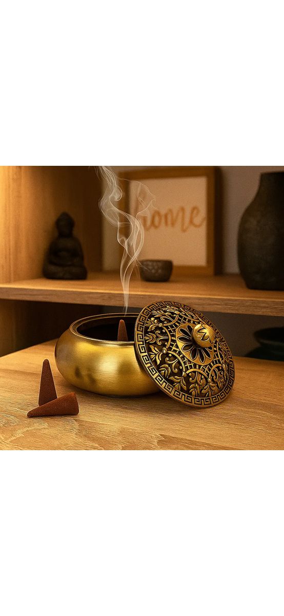 Suport conuri parfumate model floare de crin, set vas arzator pentru tamaie si spirale, metal bronz premium