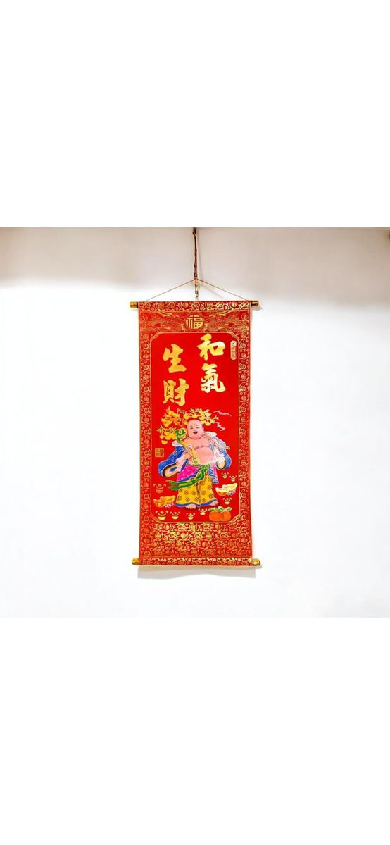 Tablou feng shui Budda vesel cu pepite, remediu pentru bani, catifea 83 cm