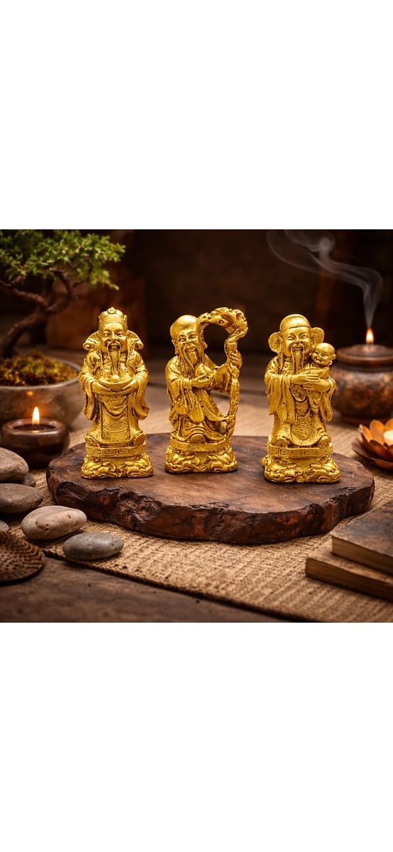 Cei trei intelepti Fuk Luk Sau, set figurine Feng Shui pentru canalizarea dorintelor, statuete auriu
