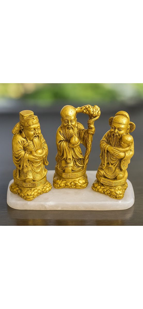 Cei trei intelepti Fuk Luk Sau, set figurine Feng Shui pentru canalizarea dorintelor, statuete auriu