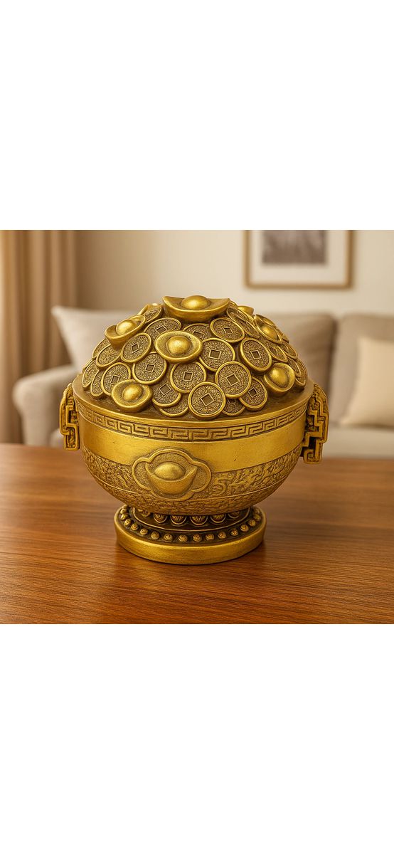 Vasul abundentei feng shui cu monede pepite, crapi si dragoni, auriu
