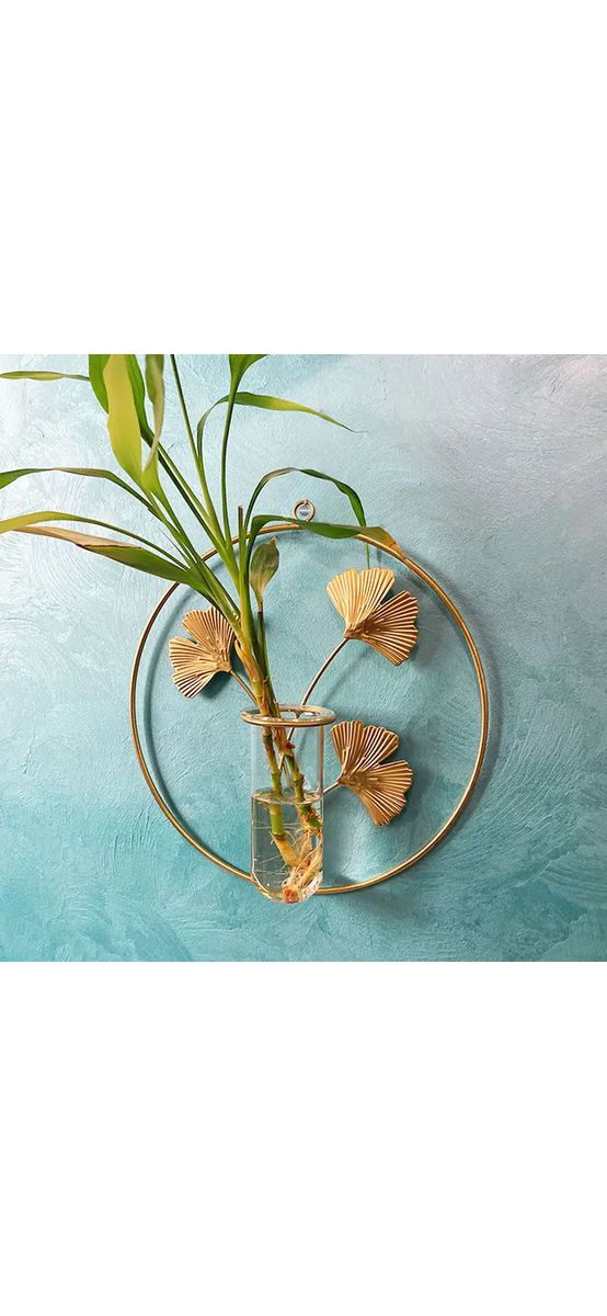 Vază decorativă rotundă, din metal și sticlă, decor auriu perete