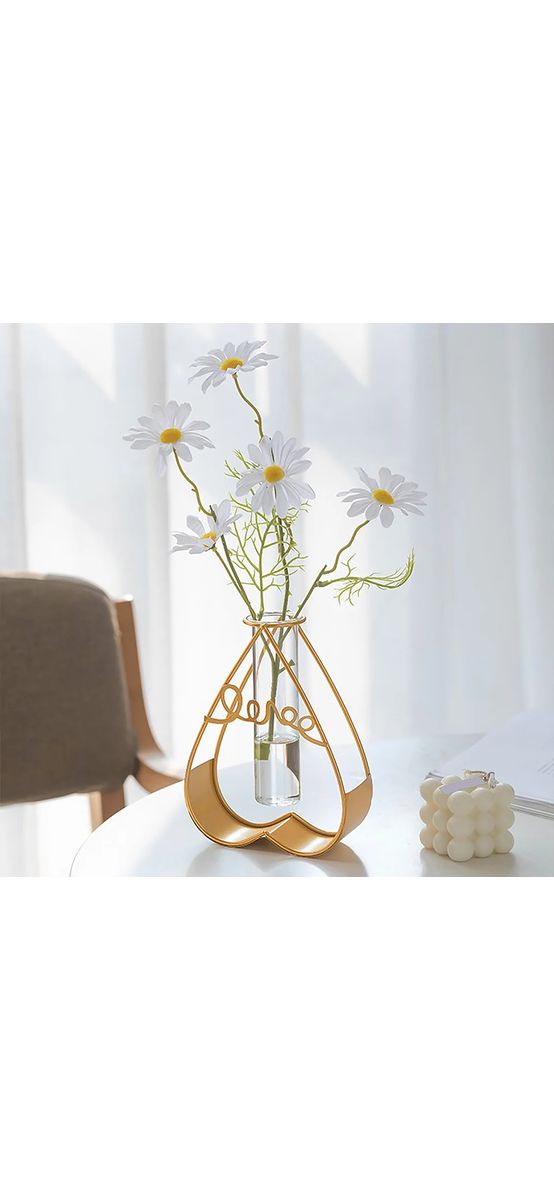 Vază decorativă inimă, din metal auriu și sticlă transparentă 