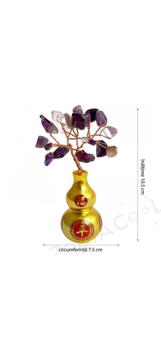 Copacei decorativi Wu Lou si cristal de ametist, piatra pentru protectia de energii negative a relatiei de dragoste si familiei, 12 cm auriu mov